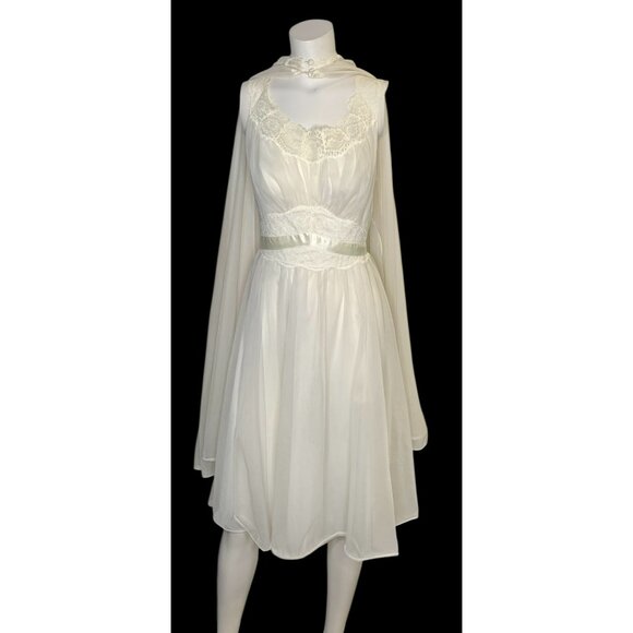VTG Vanity Fair 60s Ivory Tricot Nylon Lace Chiffon Nightgown Peignoir Set Sz 34 - Picture 8 of 16